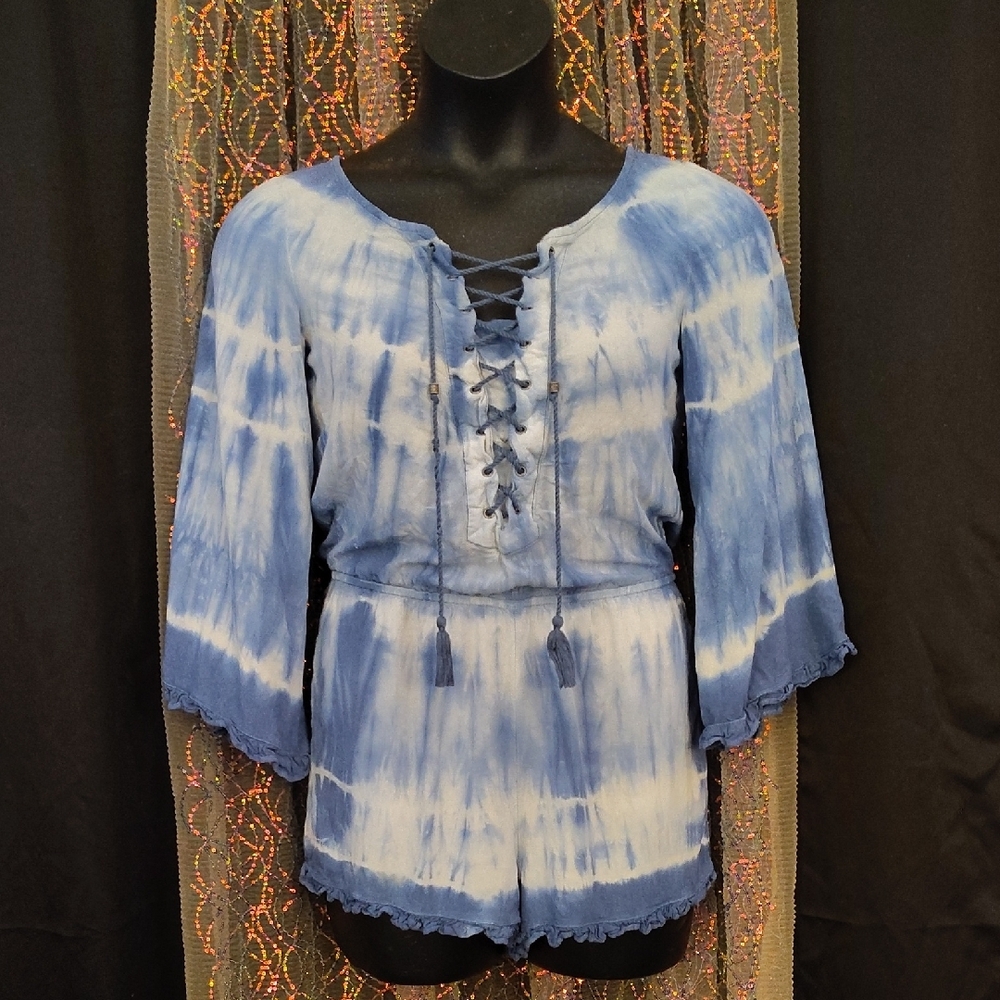 Blue Tie-Dye Lace-Up Romper